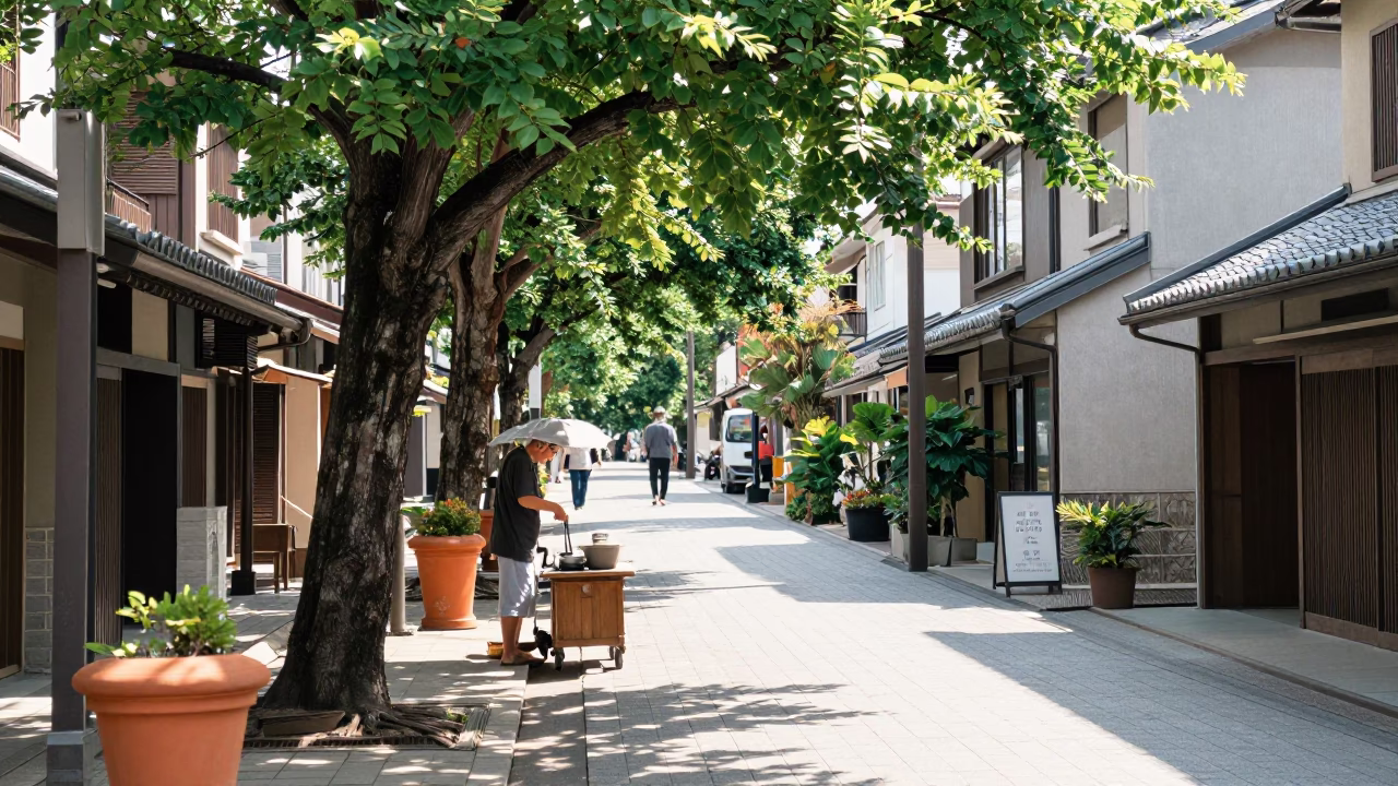 Bright Midmorning Street Scene in Fukuoka Japan with Tree and Terracotta Pot in in Fukuoka, Japan