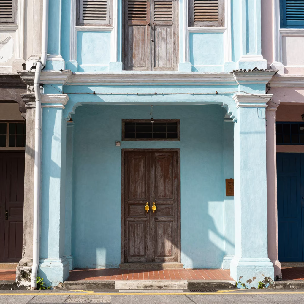 Bright Midmorning Street Scene in George Town Malaysia Heritage Shop Front in in George Town, Malaysia