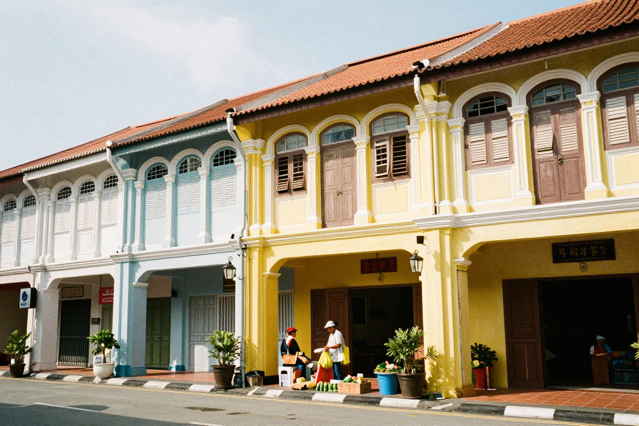 Bright Midmorning Street Scene in George Town Malaysia with Colorful Shopfronts in in George Town, Malaysia