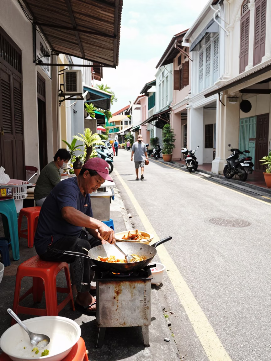 Bright Midmorning Street Scene in George Town Malaysia with Vintage Skillet and Doormat in in George Town, Malaysia