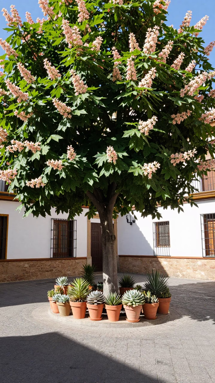 Bright Midmorning Street Scene in Granada Spain with Chestnut Tree and Succulents in in Granada, Spain