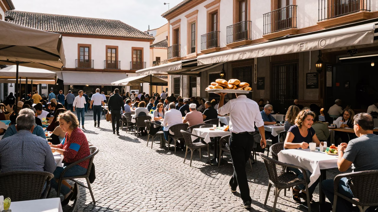 Bright Midmorning Street Scene in Granada Spain with Local Market Details in in Granada, Spain