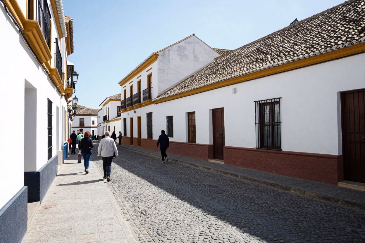 Bright midmorning street scene in Granada Spain with locals and traditional architecture in in Granada, Spain