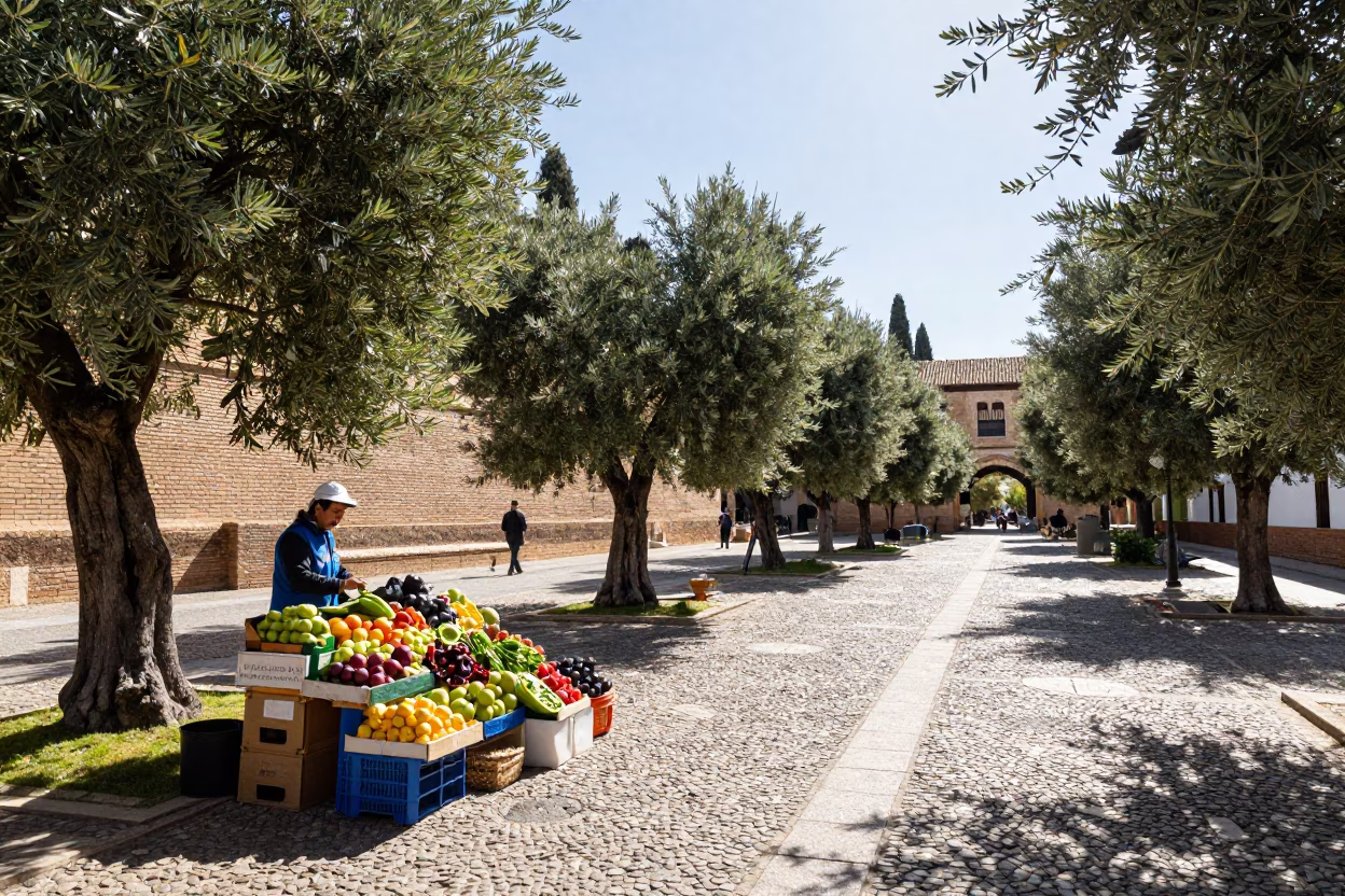Bright Midmorning Street Scene in Granada Spain with Olive Trees and Local Life in in Granada, Spain