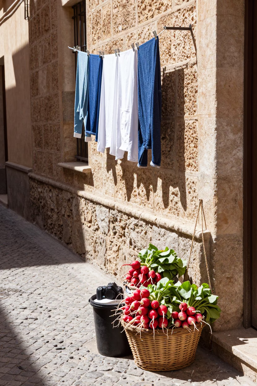 Bright Midmorning Street Scene in Granada Spain with Radishes and Twine Details in in Granada, Spain