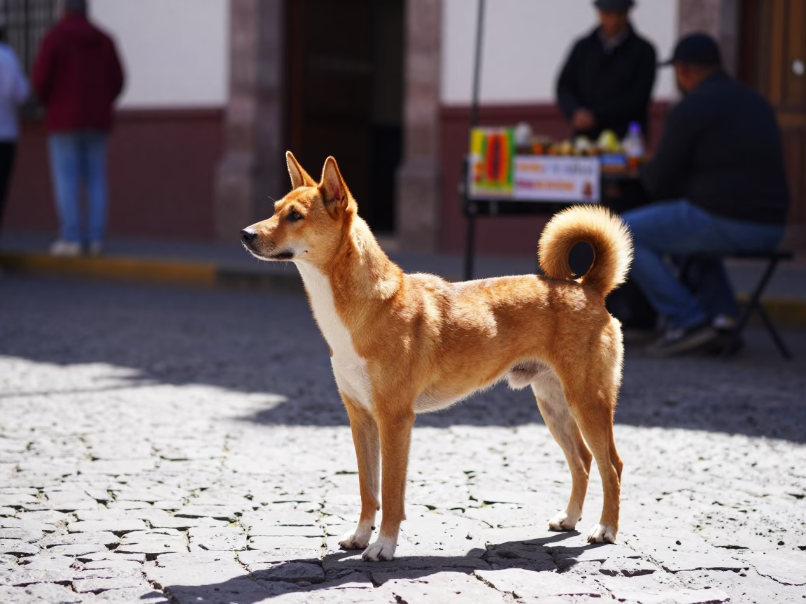 Bright Midmorning Street Scene in Guadalajara Mexico with Basenji Dog in in Guadalajara, Mexico