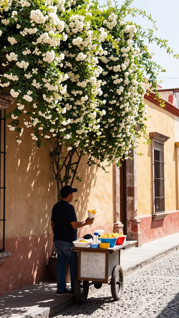 Bright Midmorning Street Scene in Guadalajara Mexico with Climbing Jasmine Trellis in in Guadalajara, Mexico
