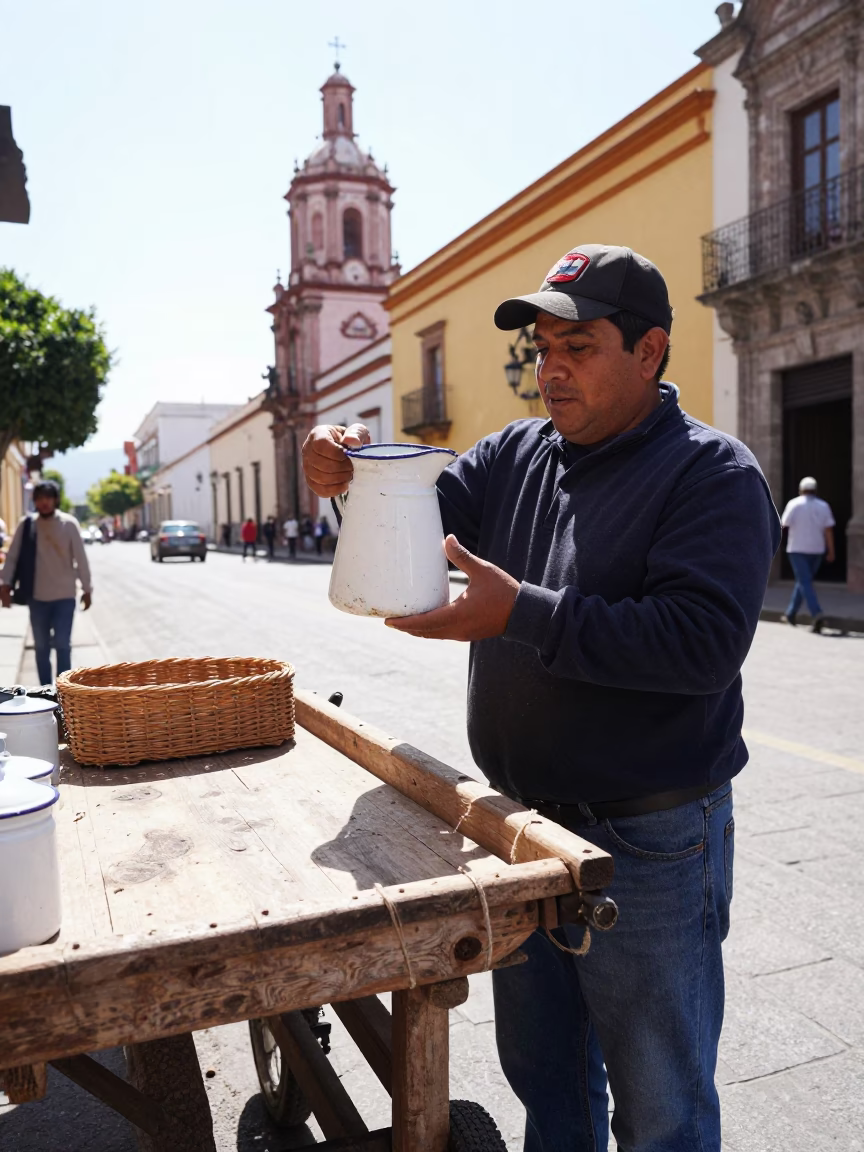 Bright Midmorning Street Scene in Guadalajara Mexico with Enamel Pitcher in in Guadalajara, Mexico
