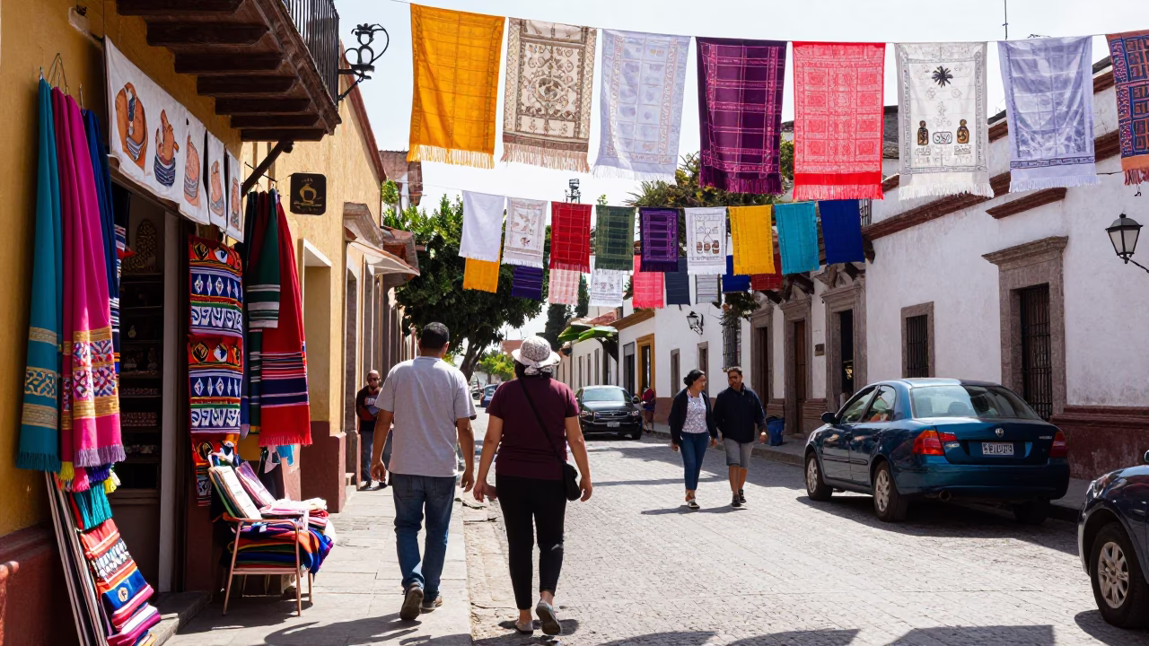 Bright Midmorning Street Scene in Guadalajara Mexico with Hanging Textiles and Urban Landscape in in Guadalajara, Mexico