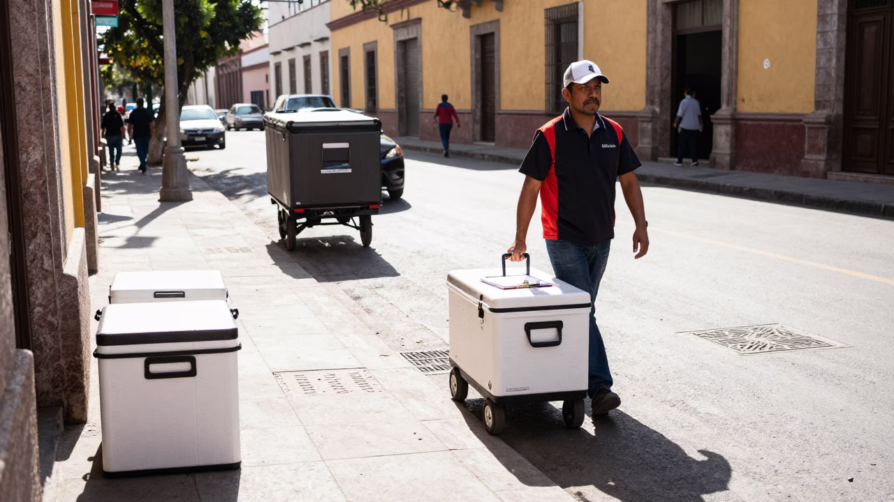 Bright Midmorning Street Scene in Guadalajara Mexico with Insulated Logistics Crates and Clipboard in in Guadalajara, Mexico