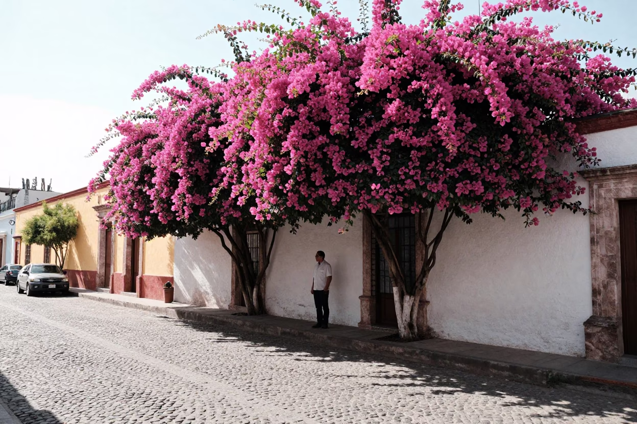 Bright Midmorning Street Scene in Guadalajara with Bougainvillea and Daily Life in in Guadalajara, Mexico
