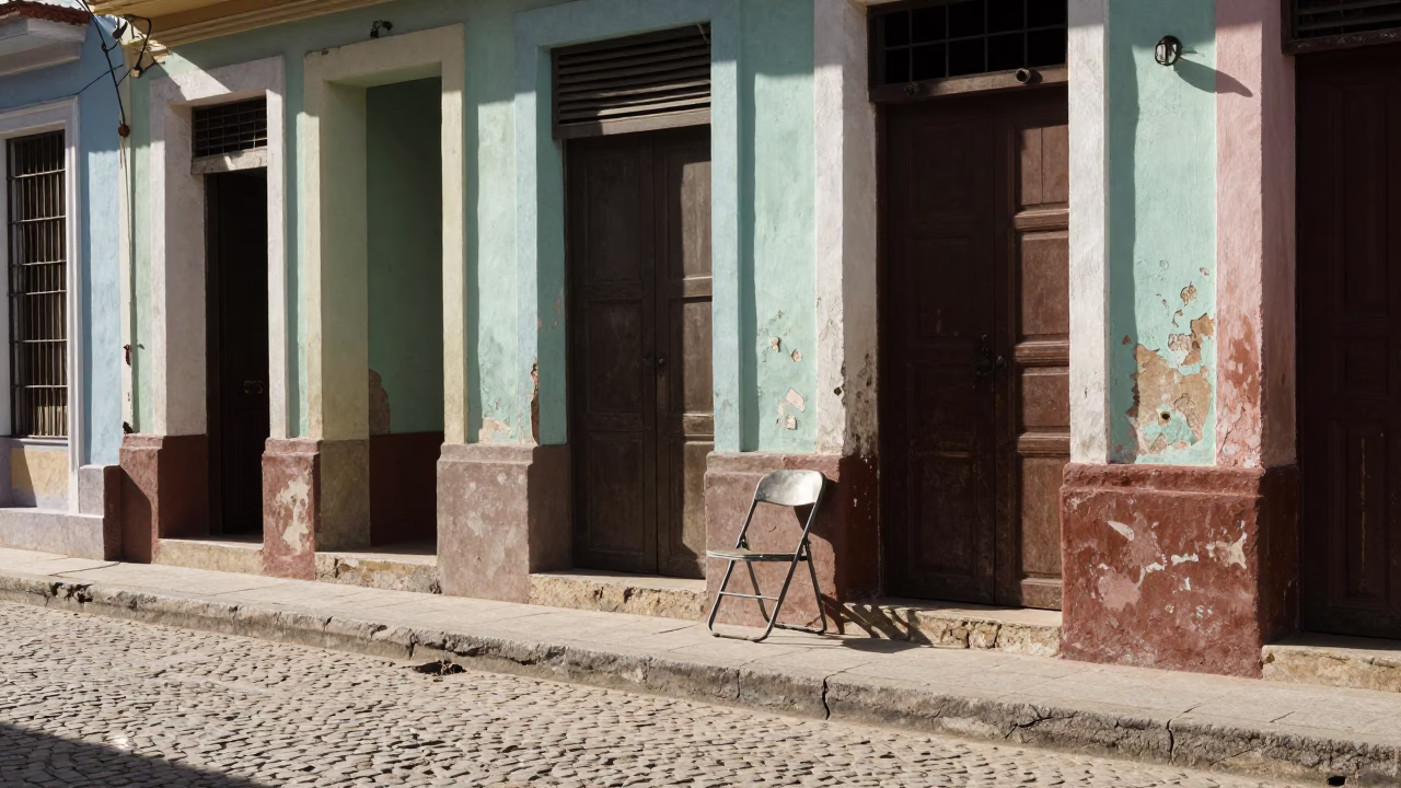 Bright Midmorning Street Scene in Havana Cuba with Folding Chair and Tin Box in in Havana, Cuba