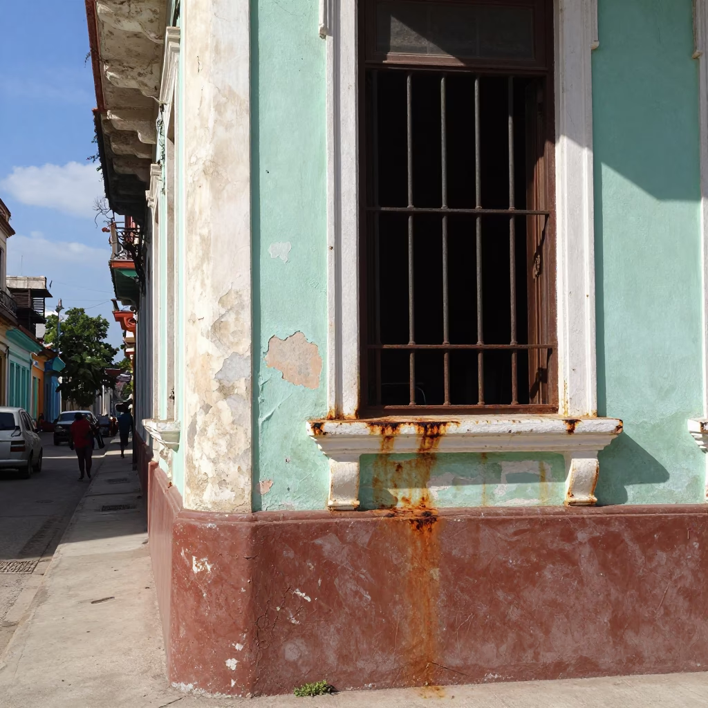 Bright Midmorning Street Scene in Havana Cuba with Rusty Window Sill and Broom in in Havana, Cuba