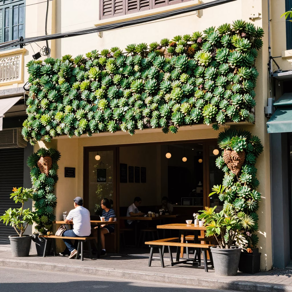 Bright Midmorning Street Scene in Ho Chi Minh City Vietnam with Living Wall Succulents in in Ho Chi Minh City, Vietnam