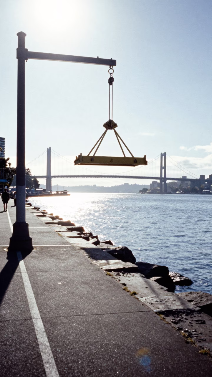 Bright Midmorning Street Scene in Hobart Tasmania with Bridge Maintenance Cradle in in Hobart, Tasmania, Australia