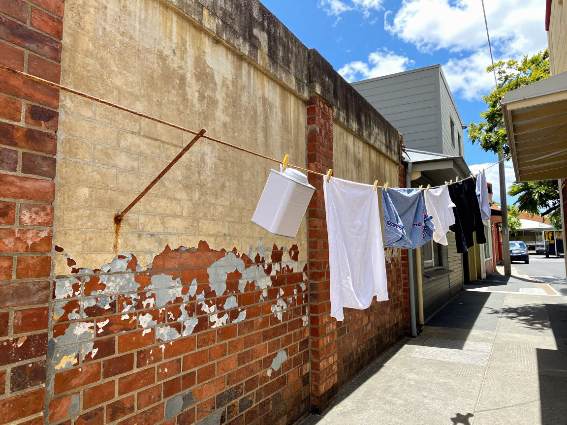 Bright Midmorning Street Scene in Hobart Tasmania with Clothesline and Tea Tin in in Hobart, Tasmania, Australia