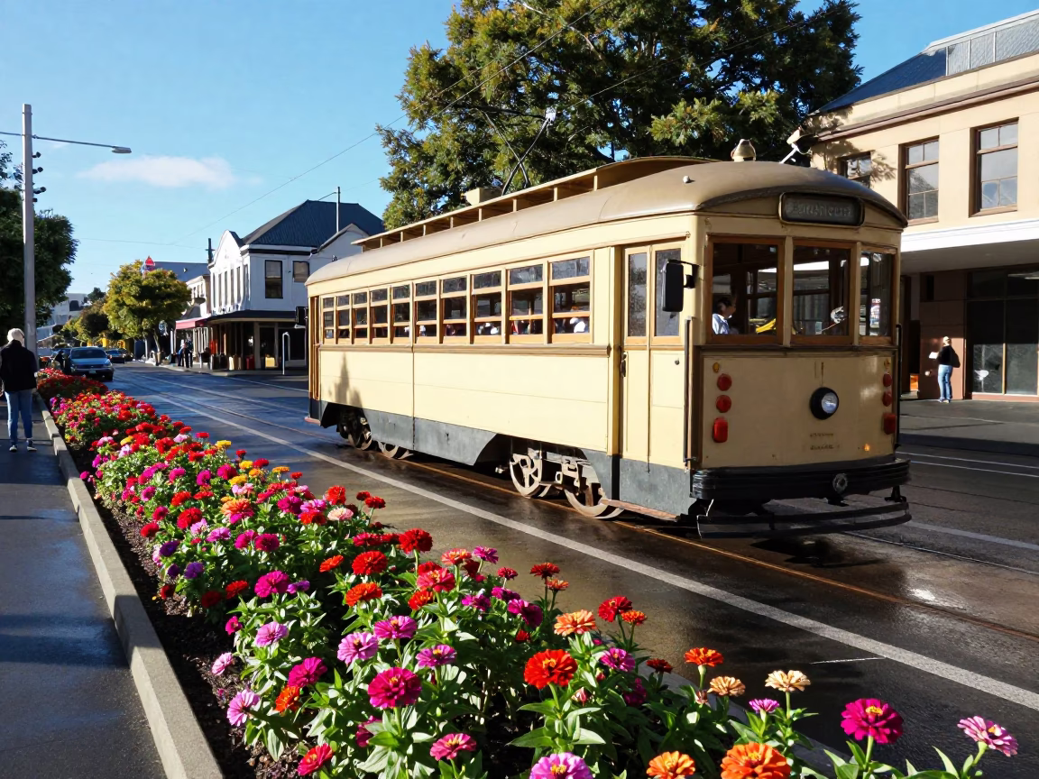 Bright Midmorning Street Scene in Hobart Tasmania with Heritage Tram and Zinnias in in Hobart, Tasmania, Australia