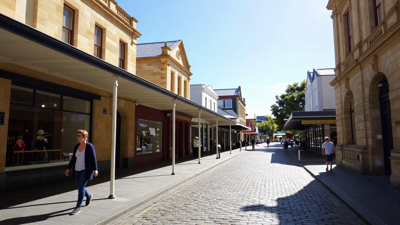 Bright Midmorning Street Scene in Hobart Tasmania with Local Pedestrians and Cobblestone Details in in Hobart, Tasmania, Australia