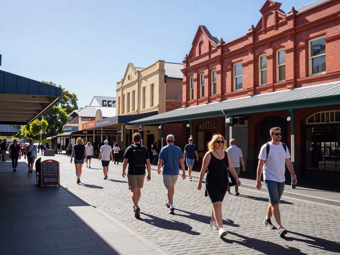 Bright Midmorning Street Scene in Hobart Tasmania with Local Pedestrians and Historic Architecture in in Hobart, Tasmania, Australia