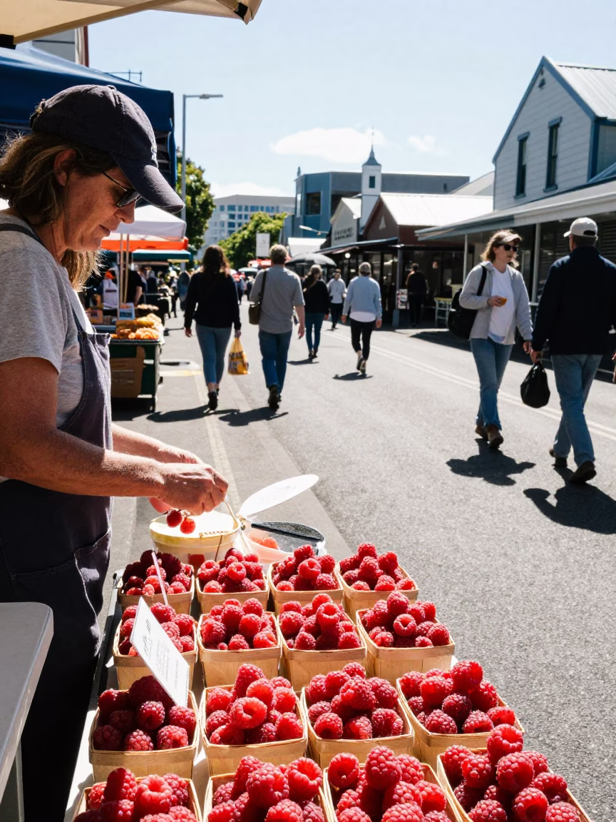 Bright Midmorning Street Scene in Hobart Tasmania with Raspberries and Local Life in in Hobart, Tasmania, Australia