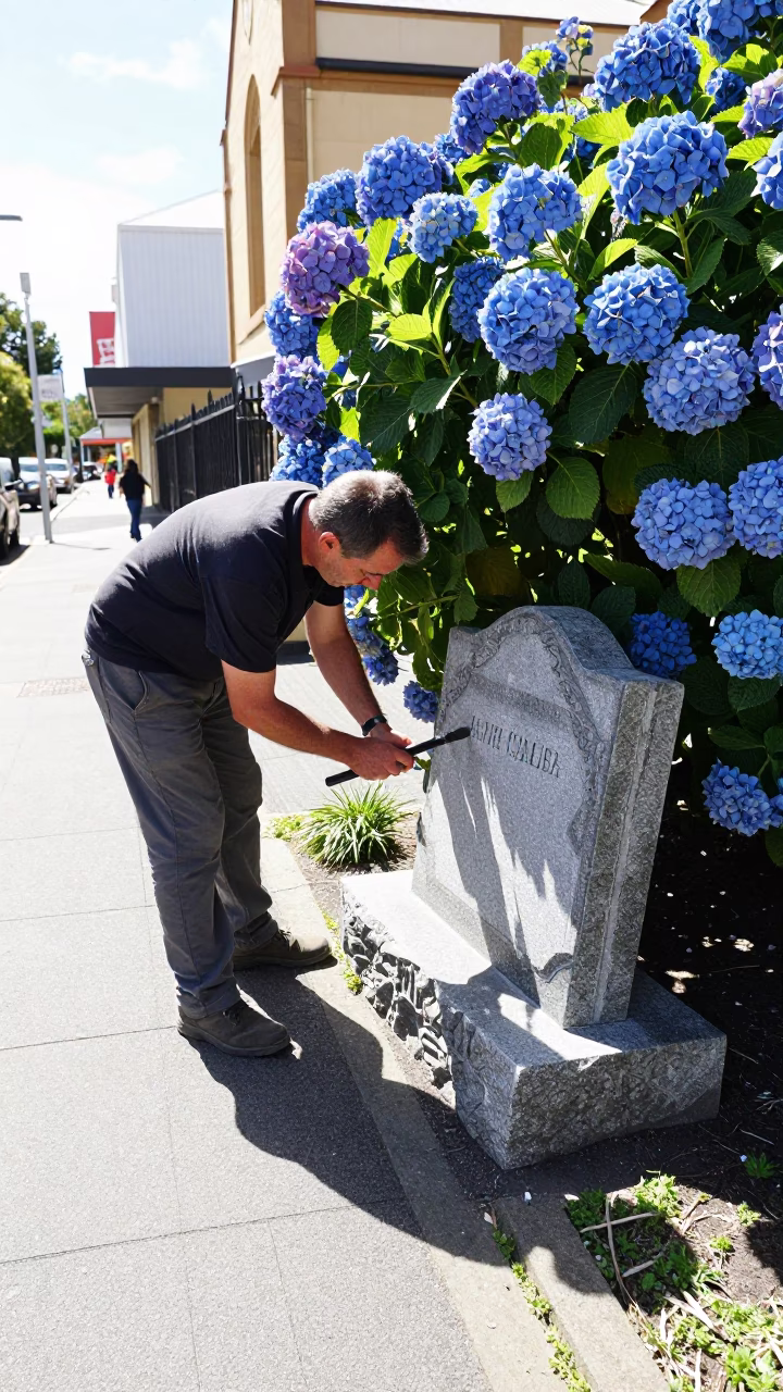 Bright Midmorning Street Scene in Hobart Tasmania with Stone Mason and Hydrangeas in in Hobart, Tasmania, Australia
