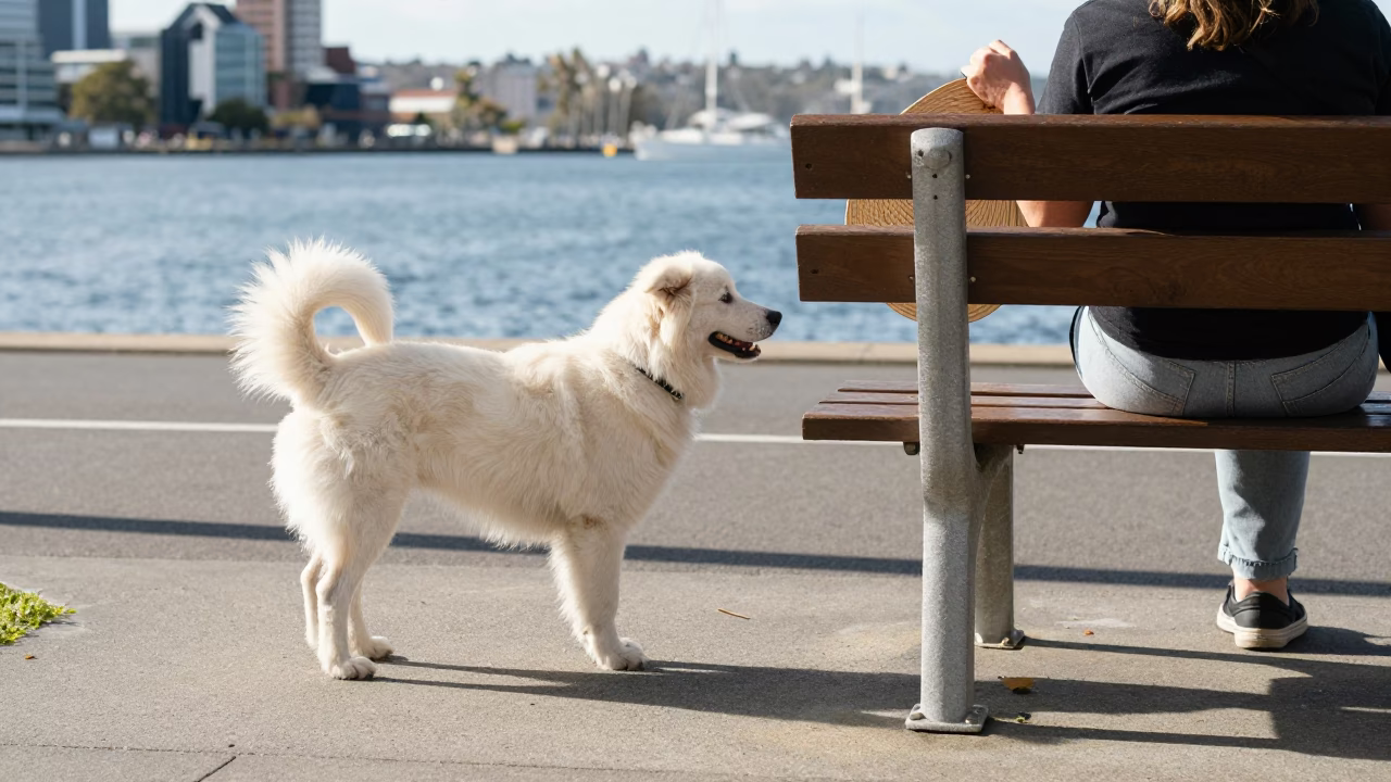 Bright Midmorning Street Scene in Hobart Tasmania with White Dog and Urban Details in in Hobart, Tasmania, Australia