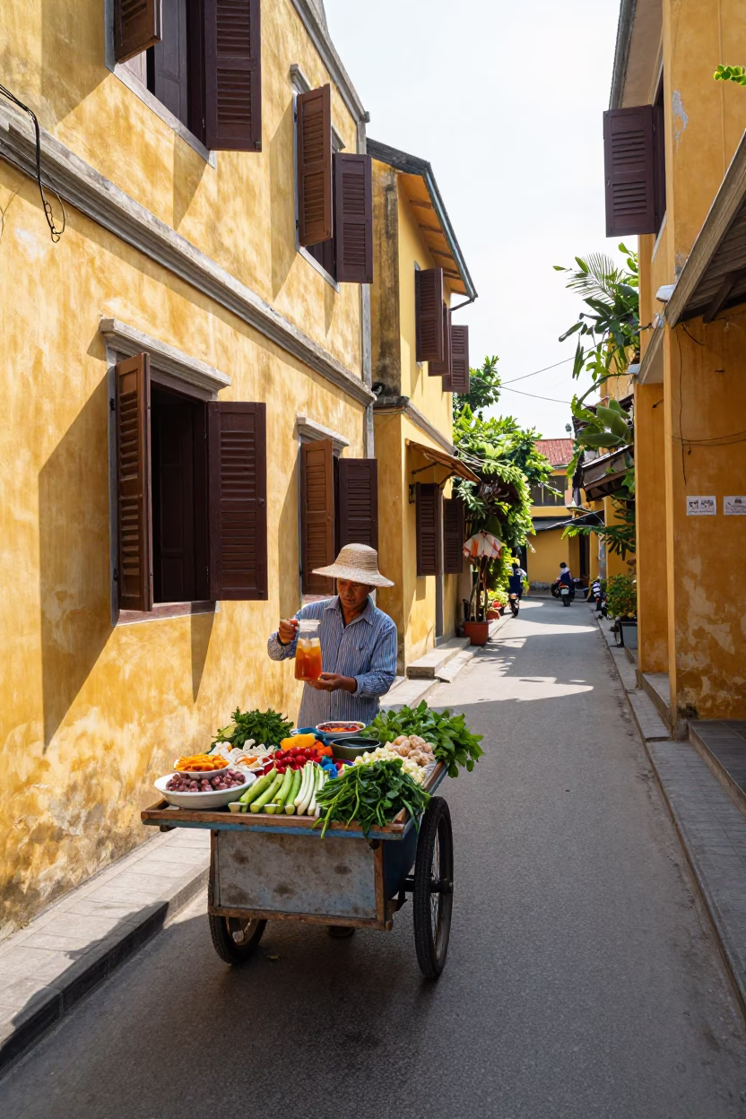 Bright Midmorning Street Scene in Hoi An Vietnam with Local Vendor and Carafe in in Hoi An, Vietnam