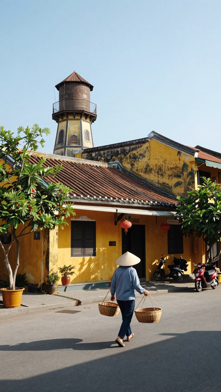 Bright Midmorning Street Scene in Hoi An Vietnam with Water Tower and Porcelain Jar in in Hoi An, Vietnam
