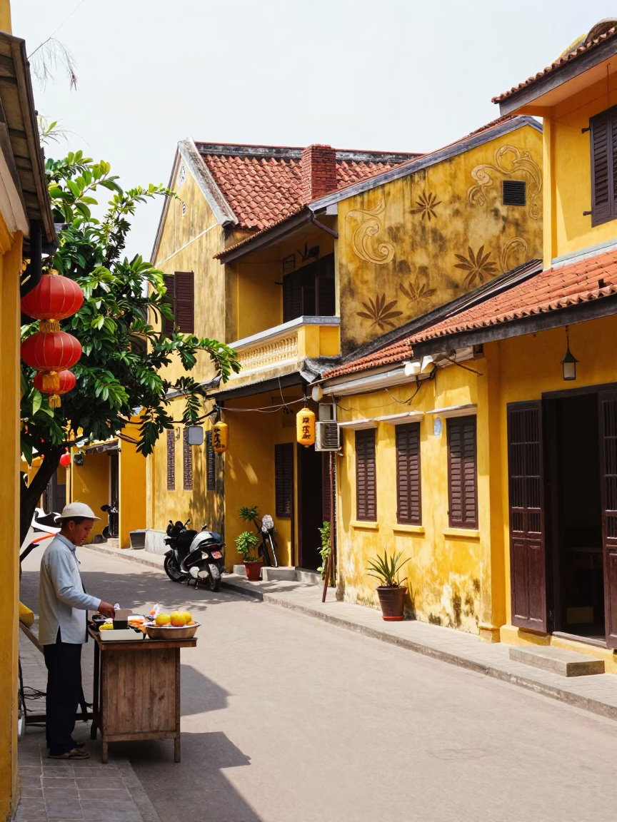 Bright Midmorning Street Scene in Hoi An Vietnam with Yellow Buildings and Local Activity in in Hoi An, Vietnam