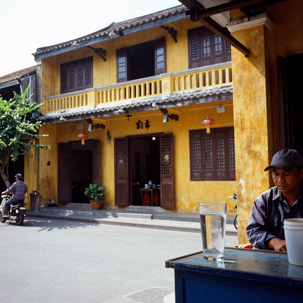 Bright Midmorning Street Scene in Hoi An Vietnam with Yellow Walls and Local Commerce in in Hoi An, Vietnam