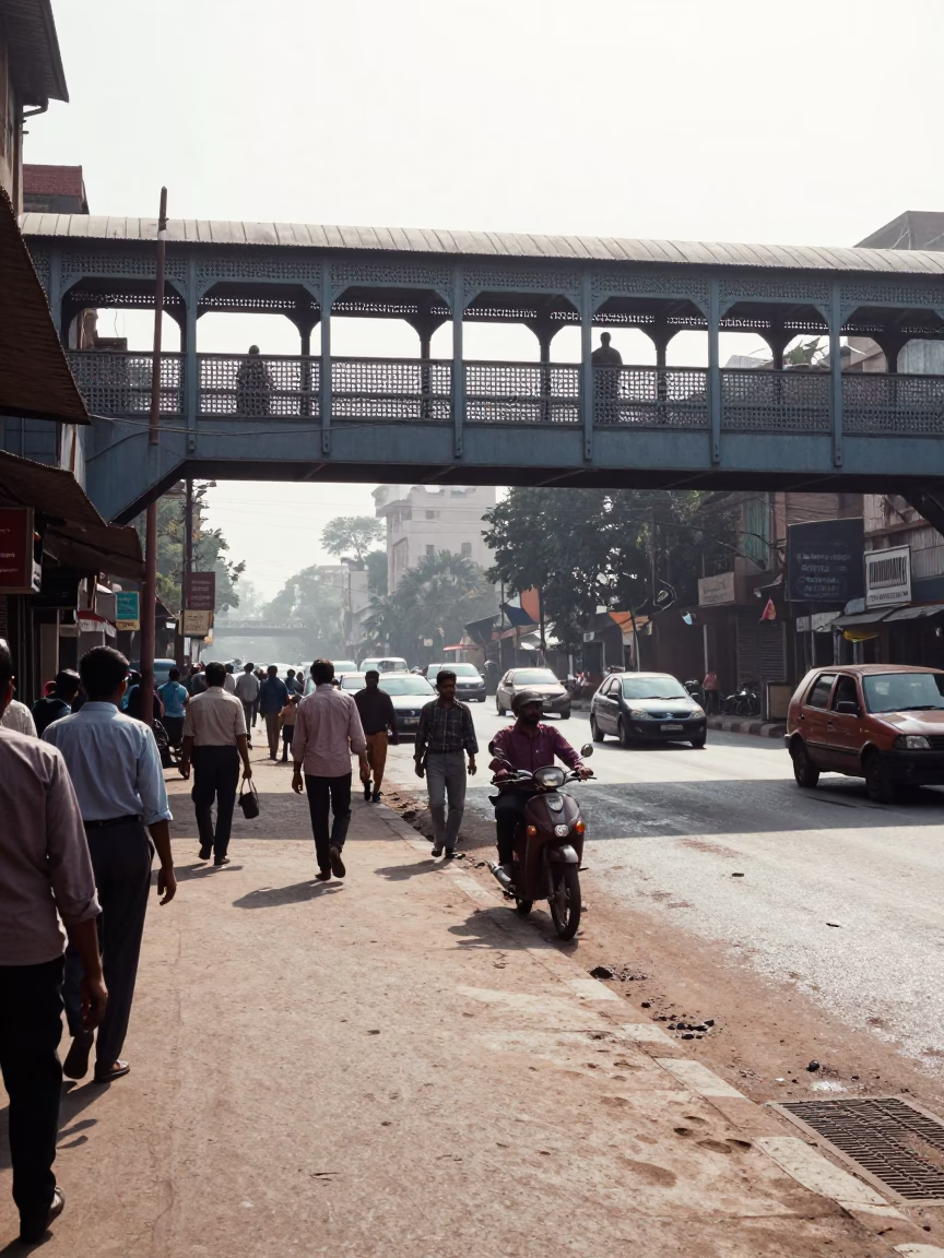 Bright Midmorning Street Scene in Hyderabad India with Pedestrian Overpass and Wet Footsteps in in Hyderabad, India