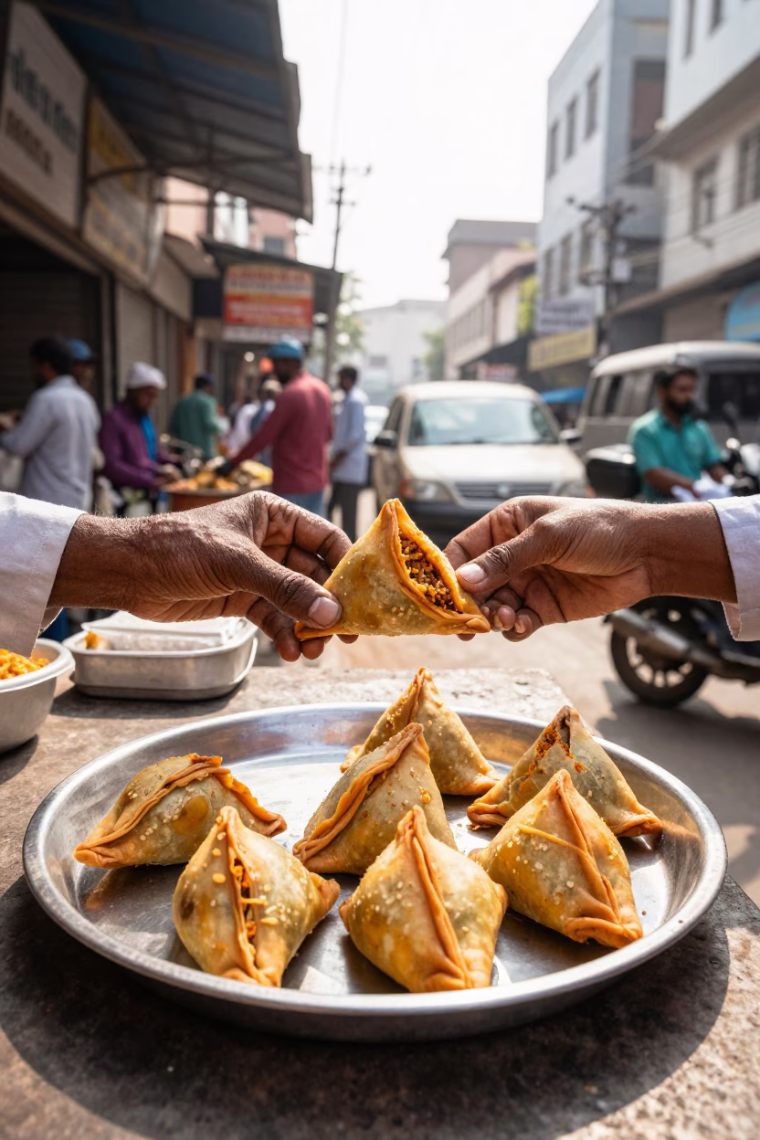 Bright Midmorning Street Scene in Hyderabad India with Traded Sambusa and Floral Cotton in in Hyderabad, India