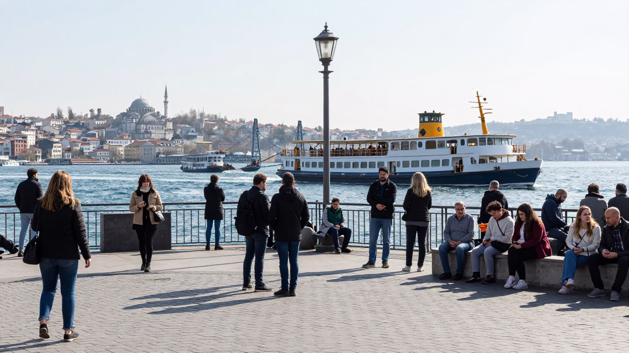 Bright Midmorning Street Scene in Istanbul Turkey with Chain Ferry Crossing Bosphorus in in Istanbul, Turkey