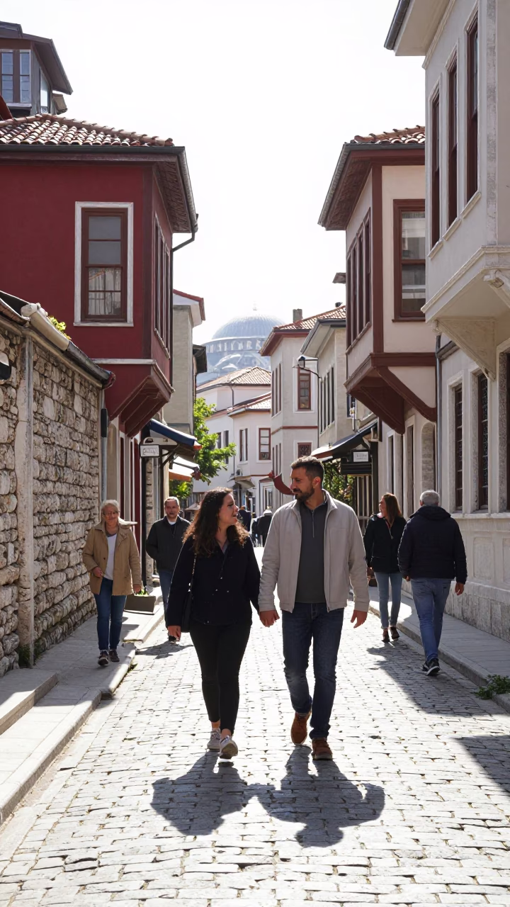 Bright Midmorning Street Scene in Istanbul Turkey with Couple Walking Hand in Hand in in Istanbul, Turkey