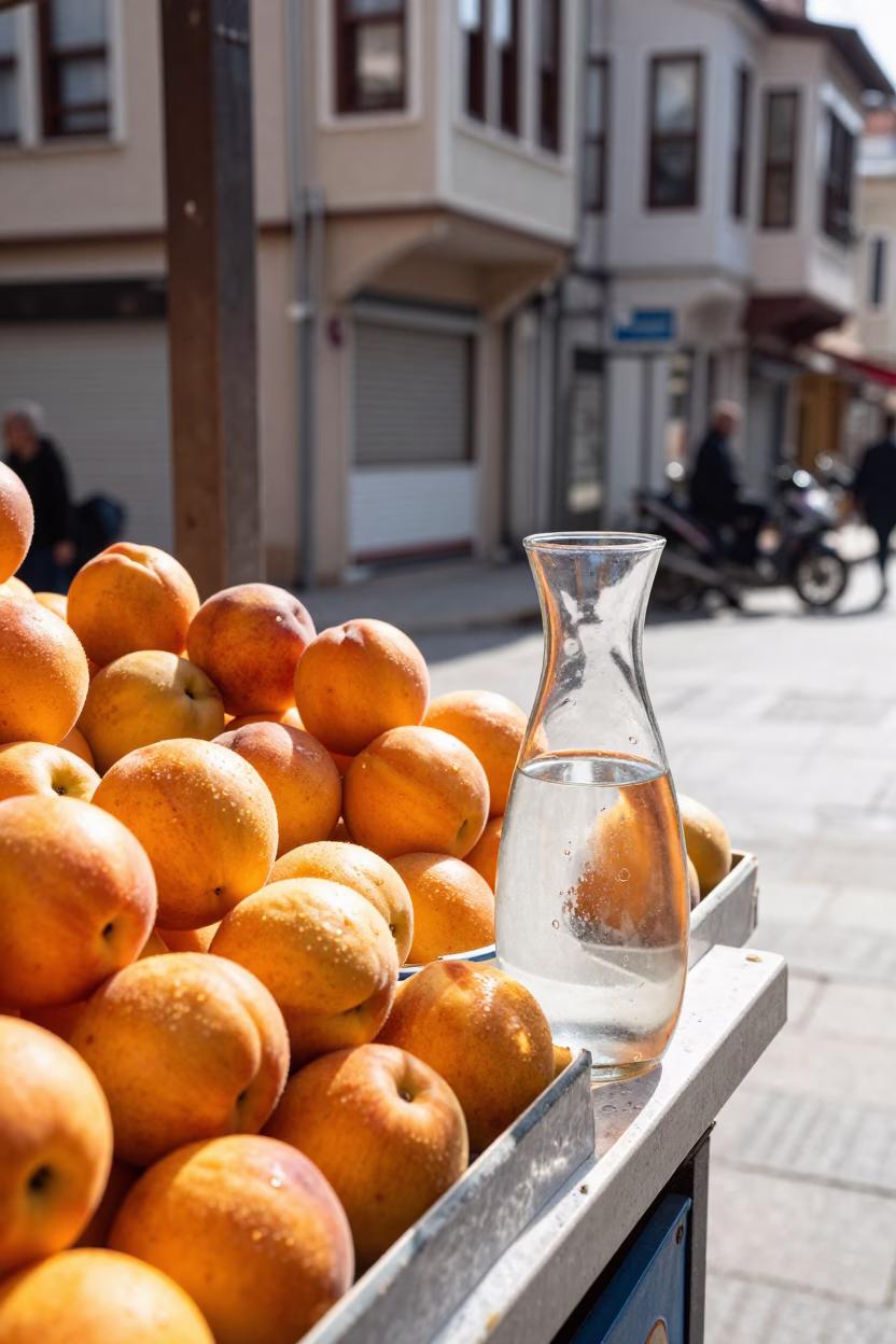 Bright Midmorning Street Scene in Istanbul Turkey with Nectarines and Glass Carafe in in Istanbul, Turkey