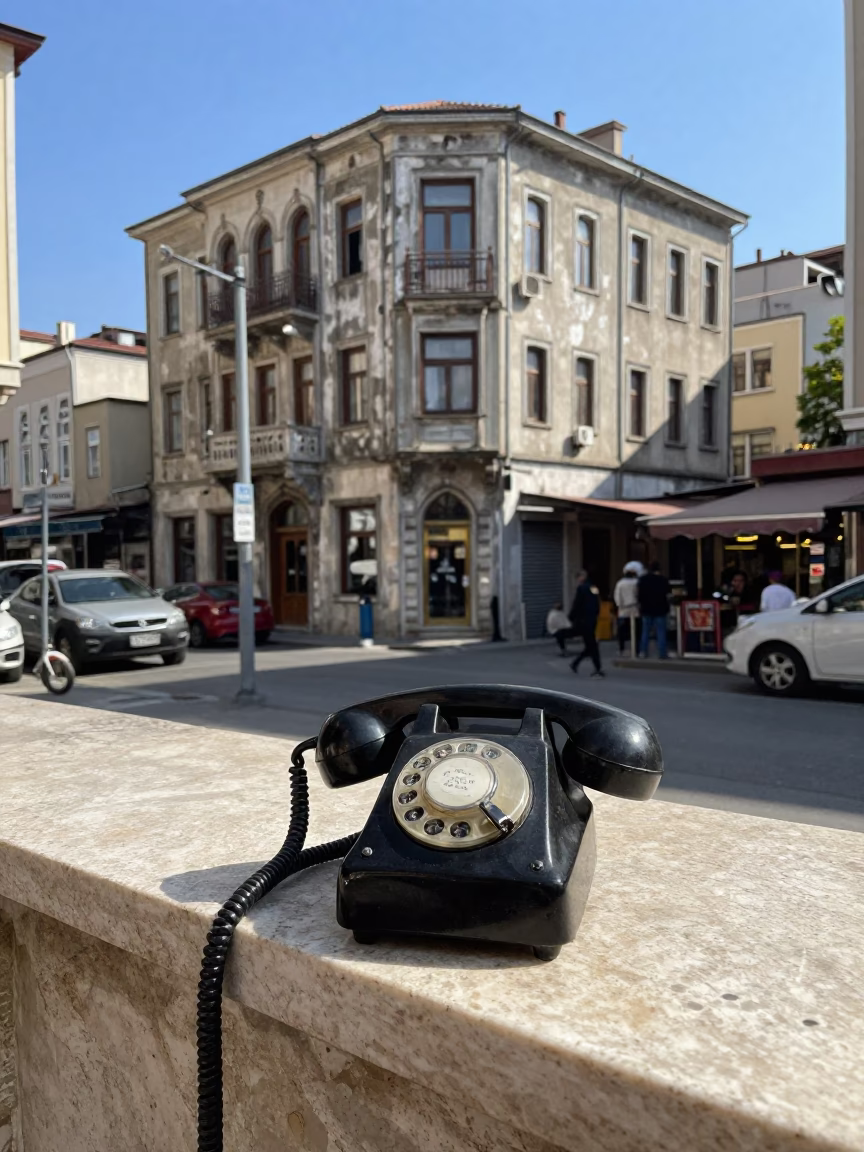 Bright Midmorning Street Scene in Istanbul Turkey with Vintage Bakelite Telephone and Concrete Architecture in in Istanbul, Turkey