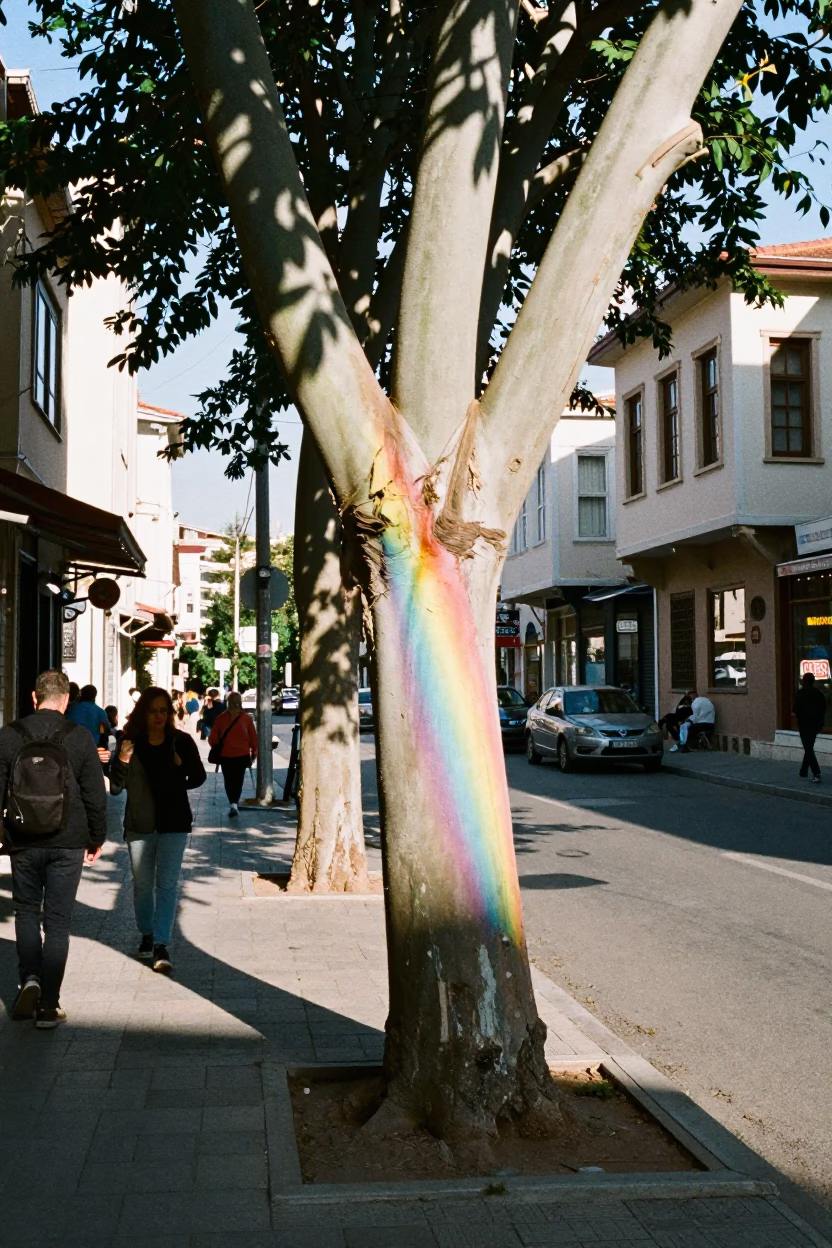 Bright Midmorning Street Scene in Izmir Turkey with Rainbow Eucalyptus and Local Life in in Izmir, Turkey