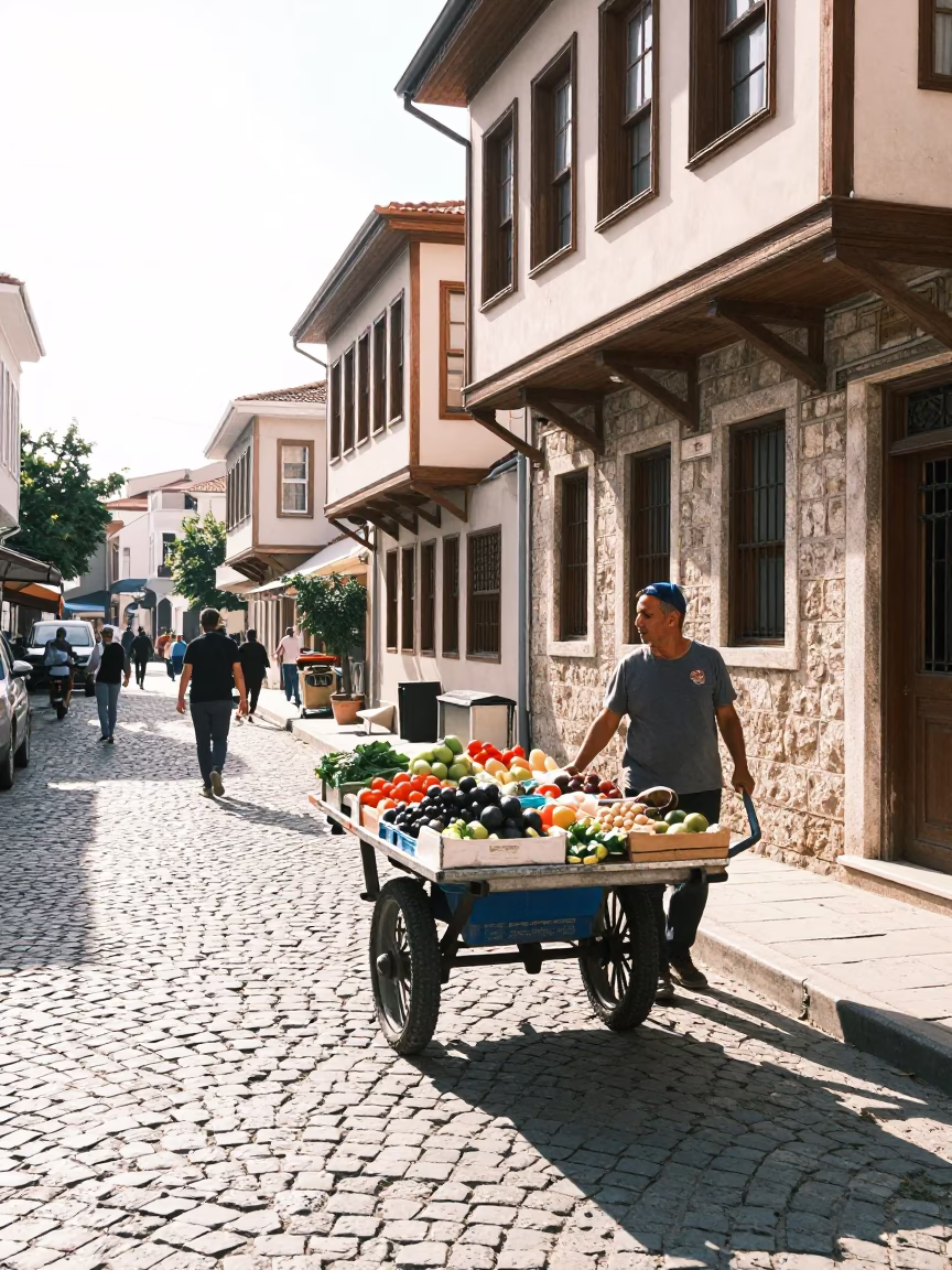 Bright Midmorning Street Scene in Izmir Turkey with Rolling Carts and Local Activity in in Izmir, Turkey