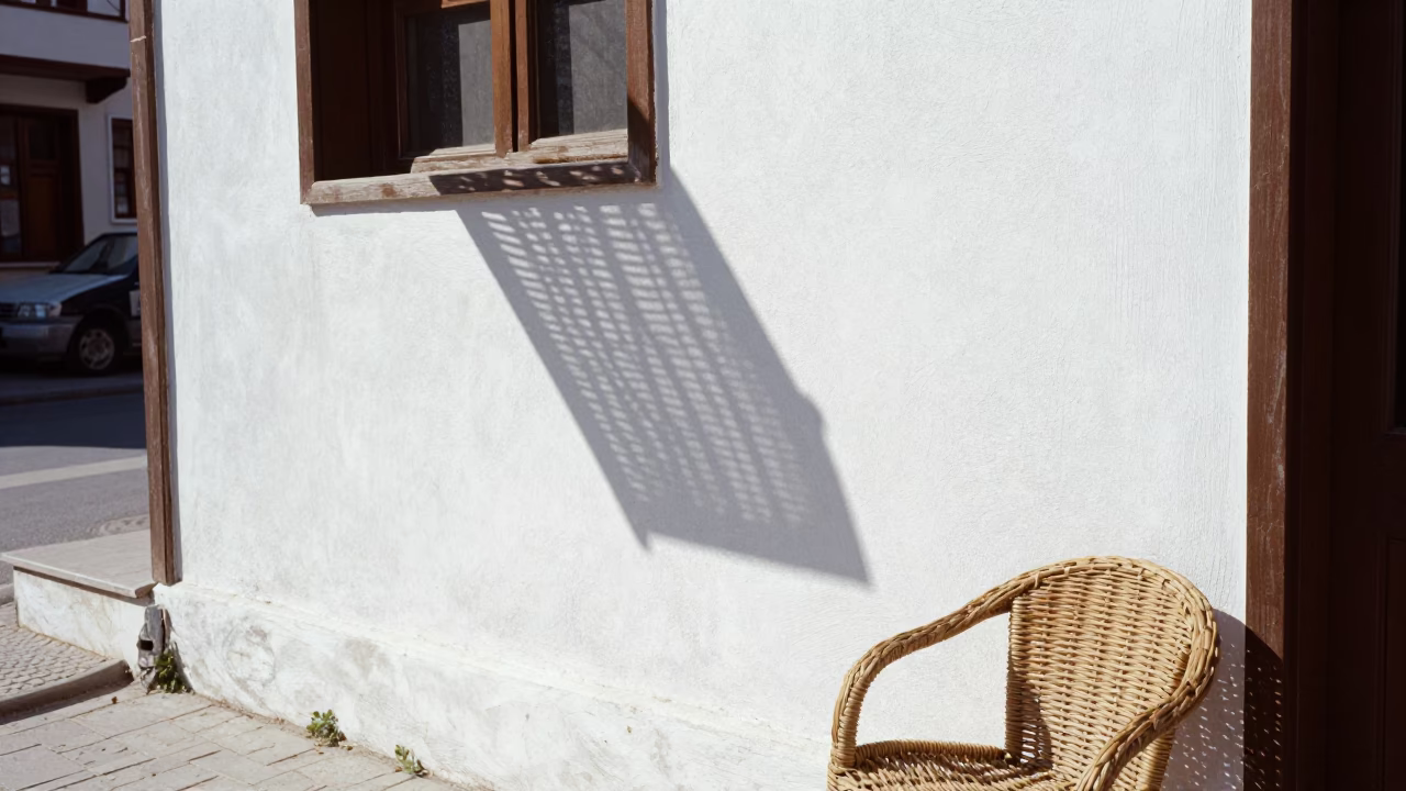 Bright midmorning street scene in Izmir Turkey with wicker shadow and mug in in Izmir, Turkey