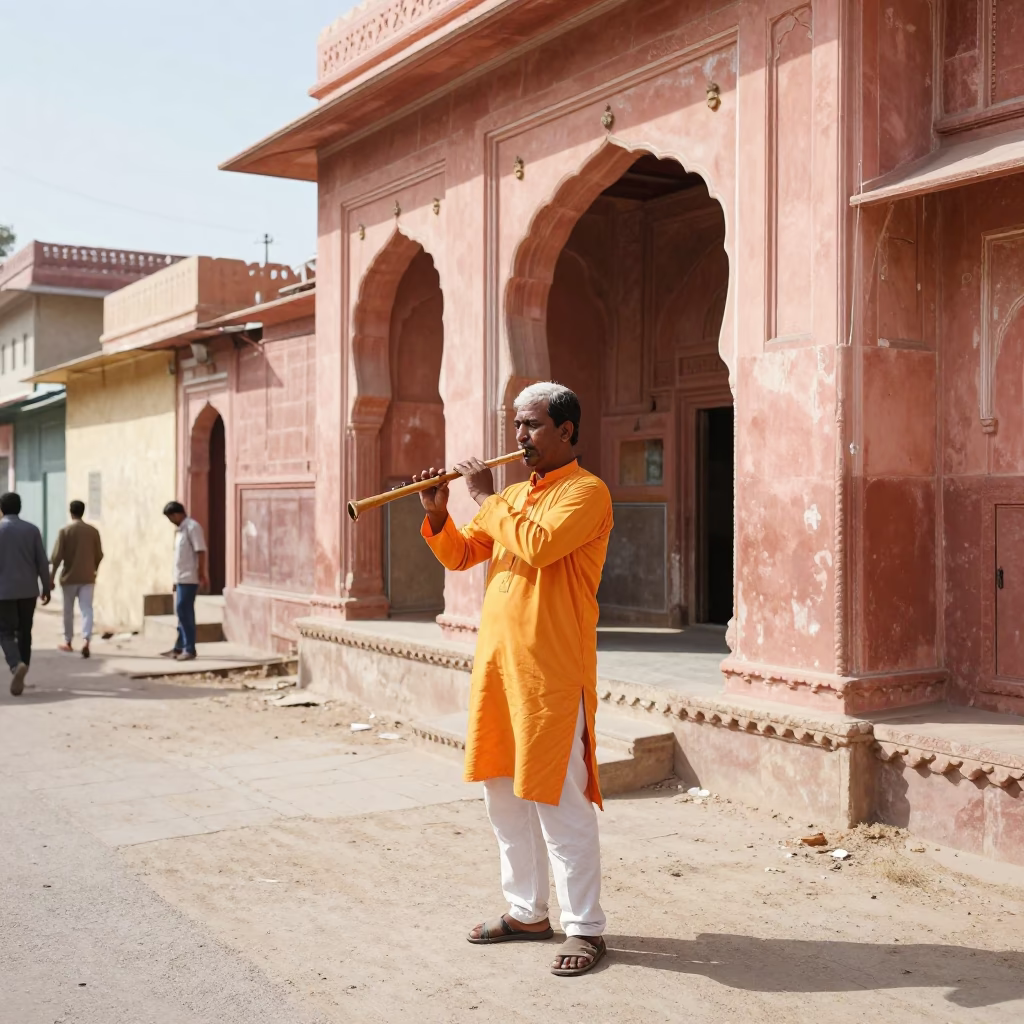 Bright Midmorning Street Scene in Jaipur India with Wooden Flute Player in in Jaipur, India