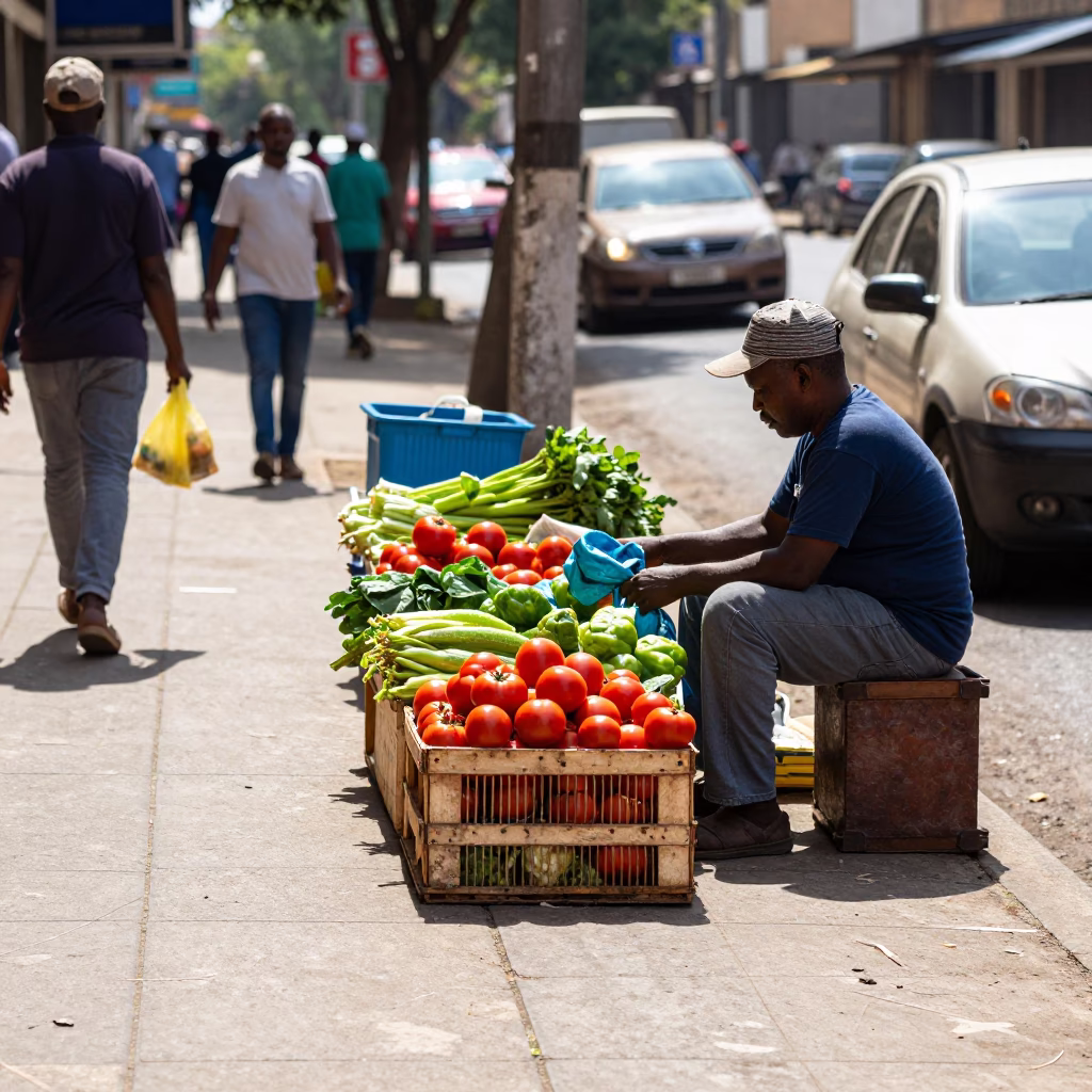 Bright Midmorning Street Scene in Johannesburg South Africa with Local Vendor and Colorful Details in in Johannesburg, South Africa