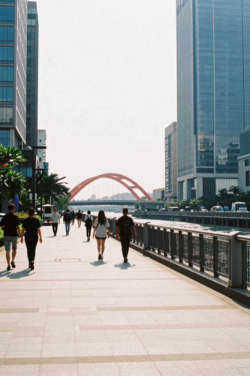 Bright Midmorning Street Scene in Kaohsiung Taiwan with Pedestrians and Urban Architecture in in Kaohsiung, Taiwan
