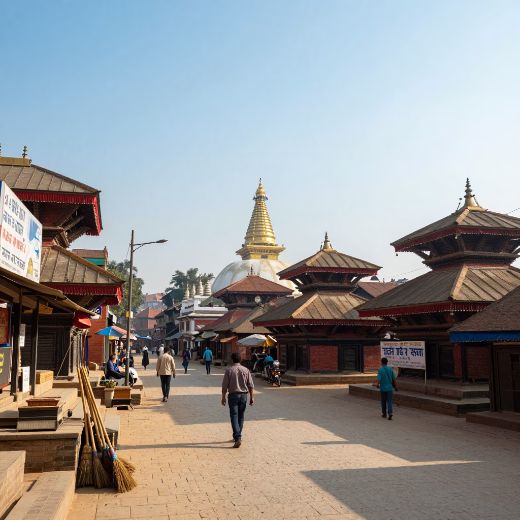Bright Midmorning Street Scene in Kathmandu Nepal with Brooms and Urban Life in in Kathmandu, Nepal