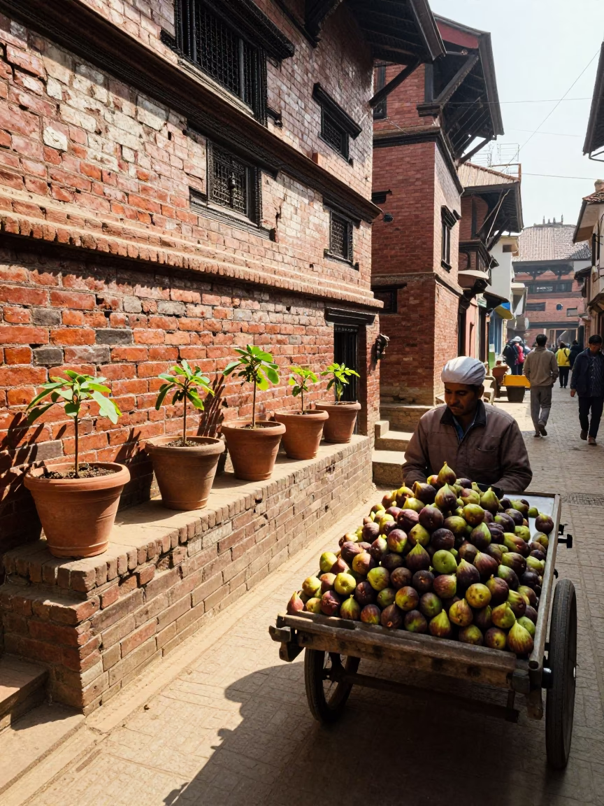 Bright Midmorning Street Scene in Kathmandu Nepal with Flowerpots and Figs in in Kathmandu, Nepal