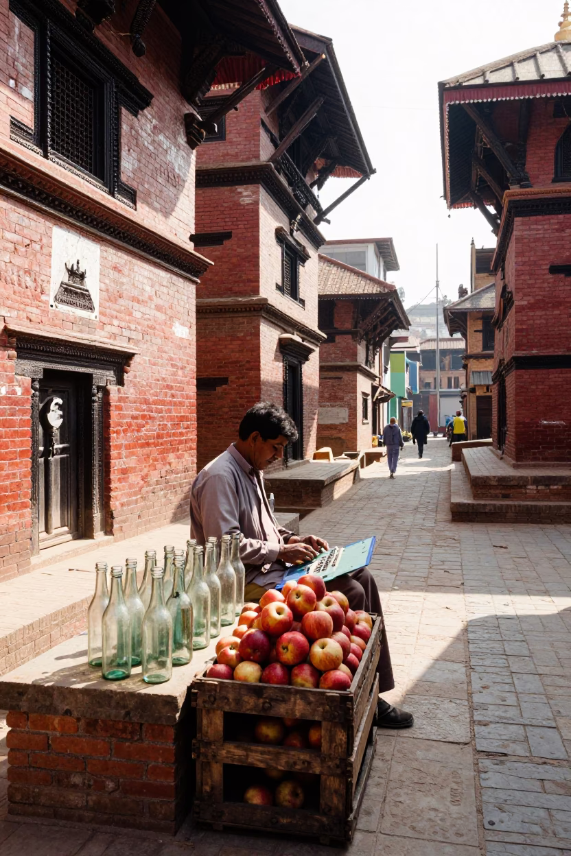 Bright Midmorning Street Scene in Kathmandu Nepal with Glass Bottles and Apples in in Kathmandu, Nepal