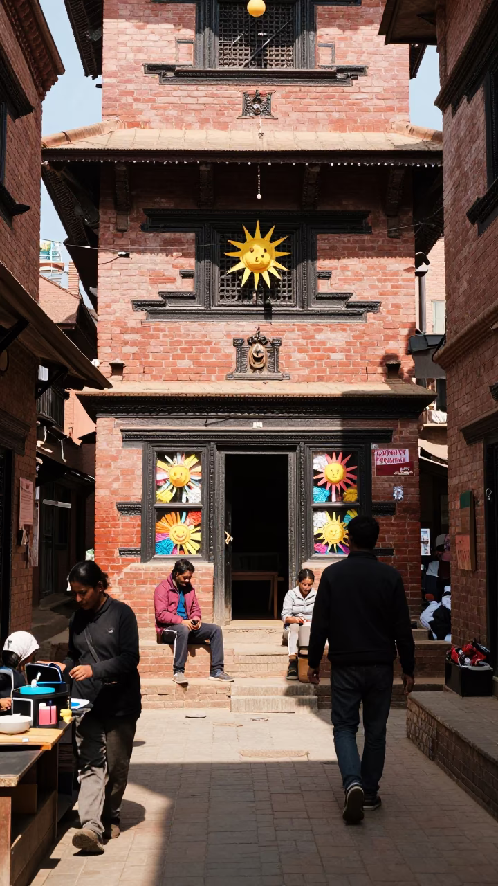 Bright Midmorning Street Scene in Kathmandu Nepal with Handmade Tissue Paper Suns in in Kathmandu, Nepal