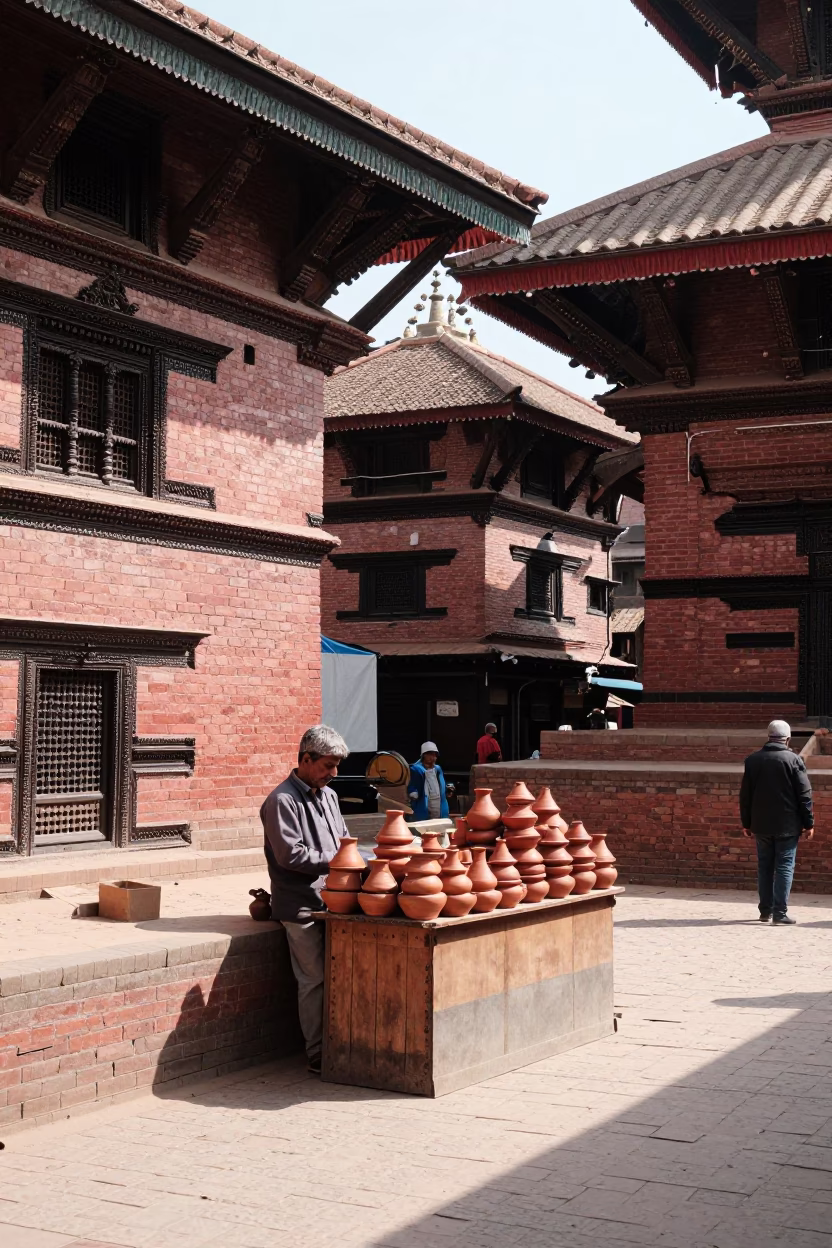 Bright Midmorning Street Scene in Kathmandu Nepal with Traditional Market Elements in in Kathmandu, Nepal
