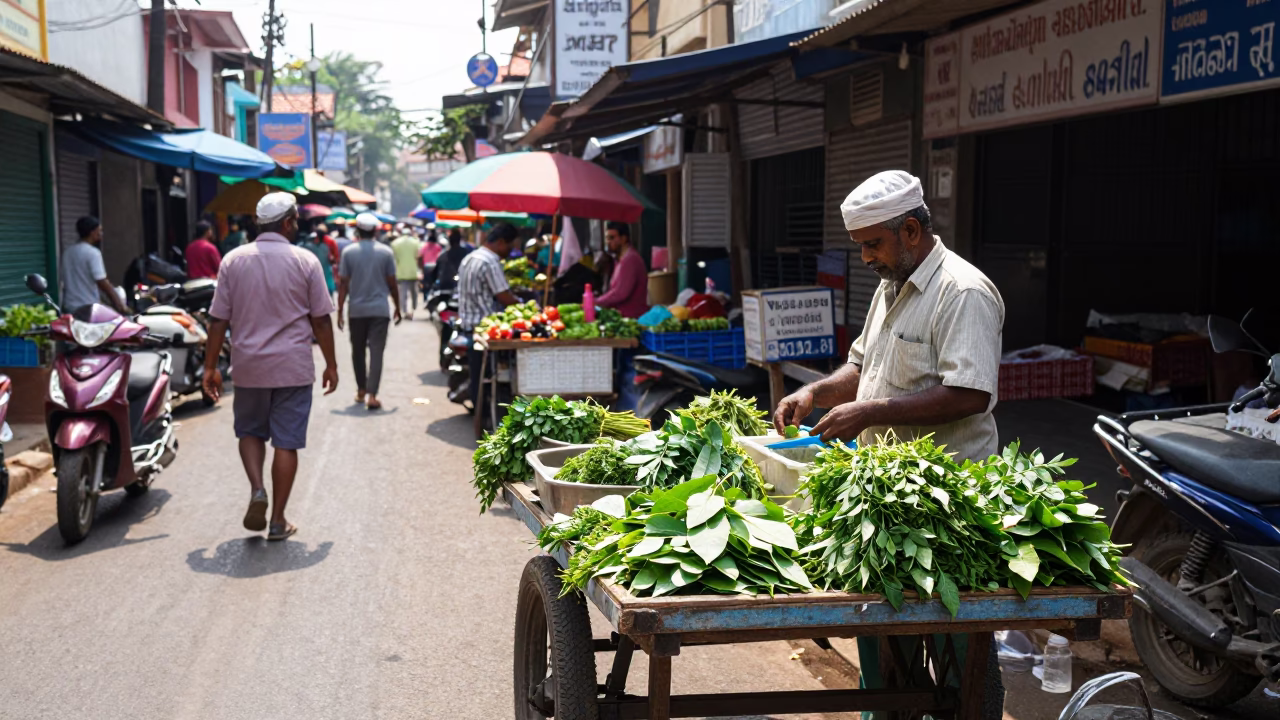 Bright Midmorning Street Scene in Kochi India with Local Market Activity in in Kochi, India