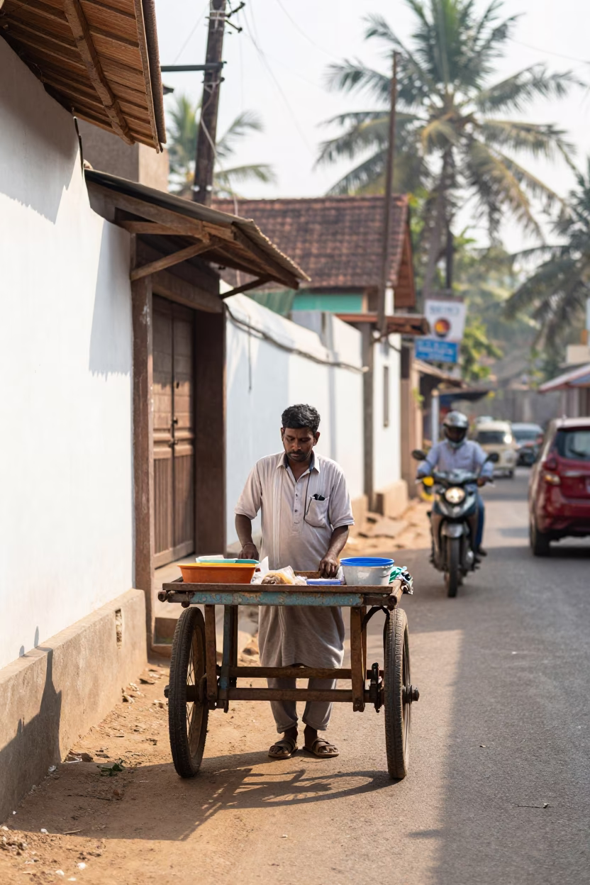 Bright Midmorning Street Scene in Kochi India with Local Vendor and Thermos in in Kochi, India