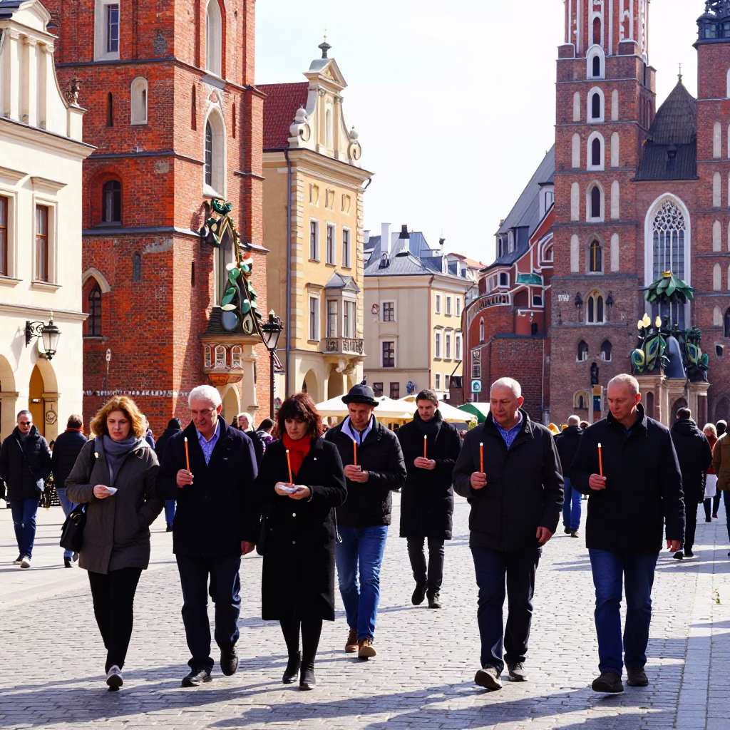 Bright Midmorning Street Scene in Krakow Poland with Easter Procession Candles and Historic Architecture in in Krakow, Poland